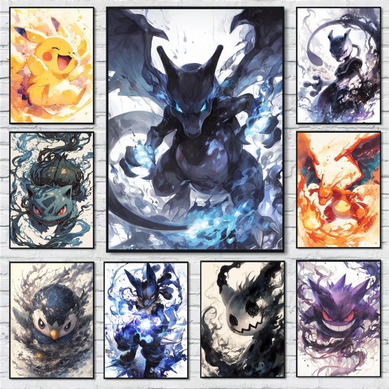 Pokemon Cartoon Poster Retro Pikachu Bulbasaur Mewtwo Anime Figures Canvas Painting Wall Decoration Poster Kids Decorate