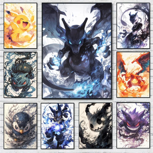 Pokemon Cartoon Poster Retro Pikachu Bulbasaur Mewtwo Anime Figures Canvas Painting Wall Decoration Poster Kids Decorate