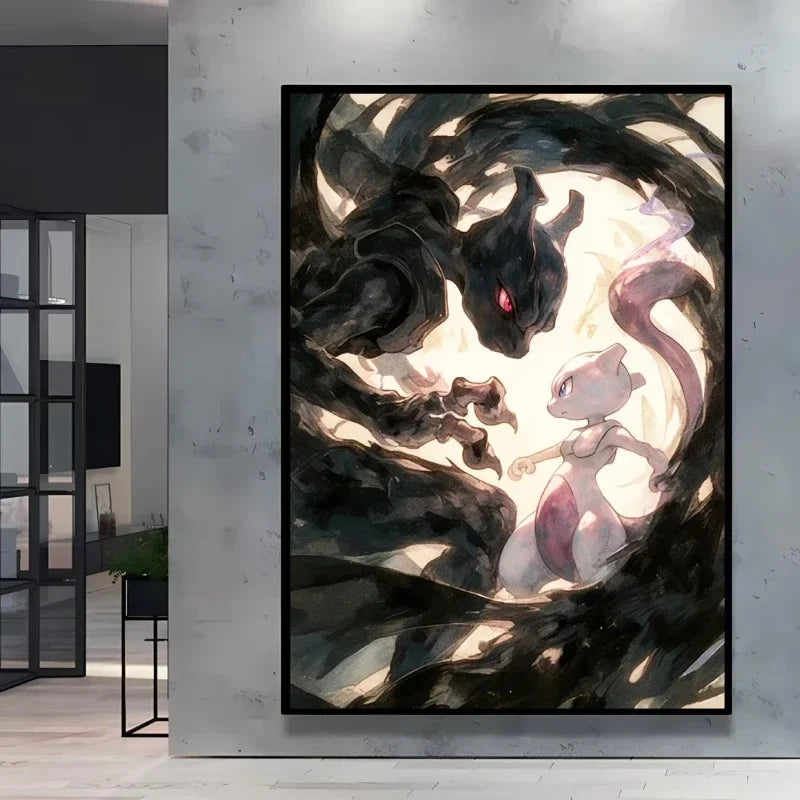 Pokemon Cartoon Poster Retro Pikachu Bulbasaur Mewtwo Anime Figures Canvas Painting Wall Decoration Poster Kids Decorate